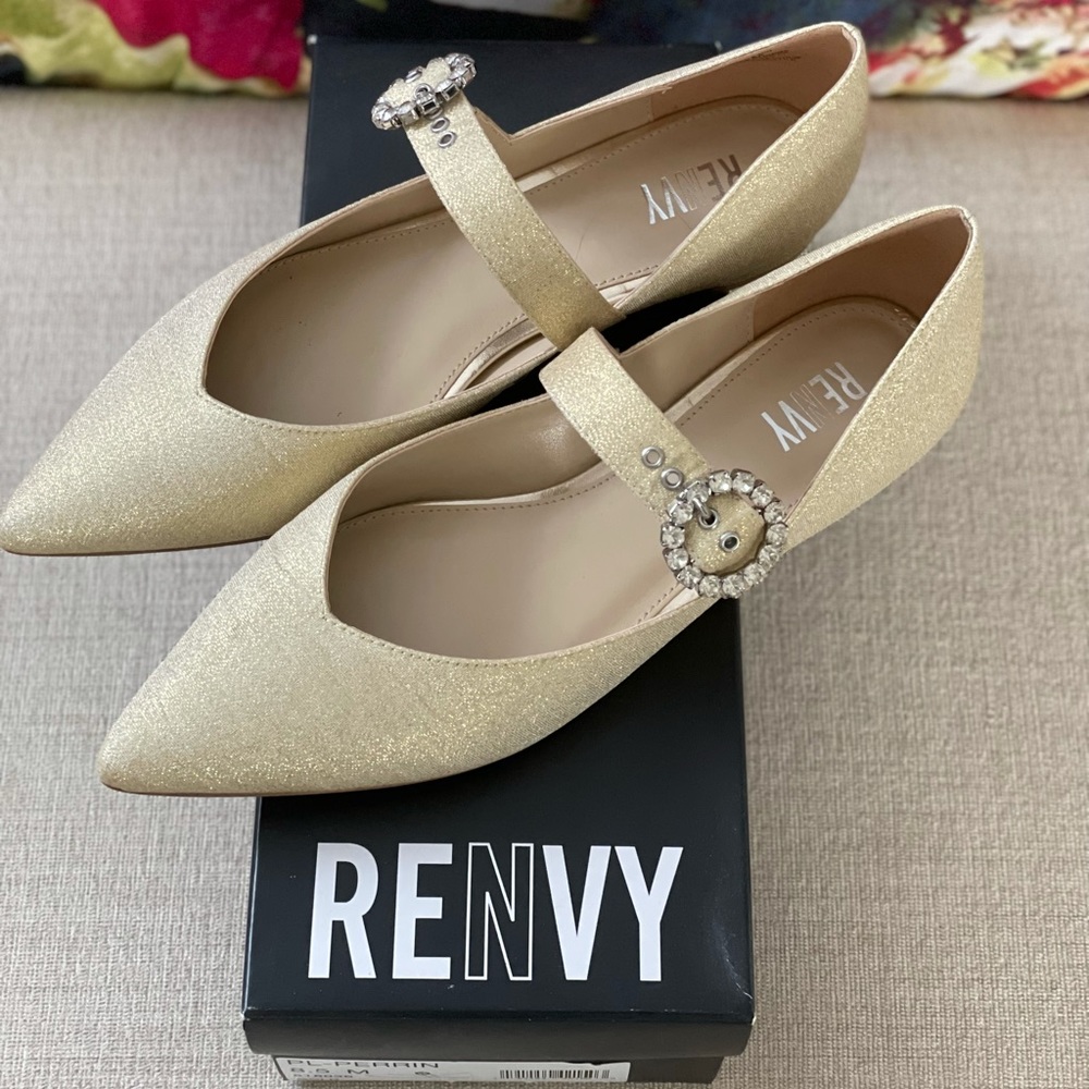 Fabulous Gold Fabric Renvy Flats with Bling Buckle